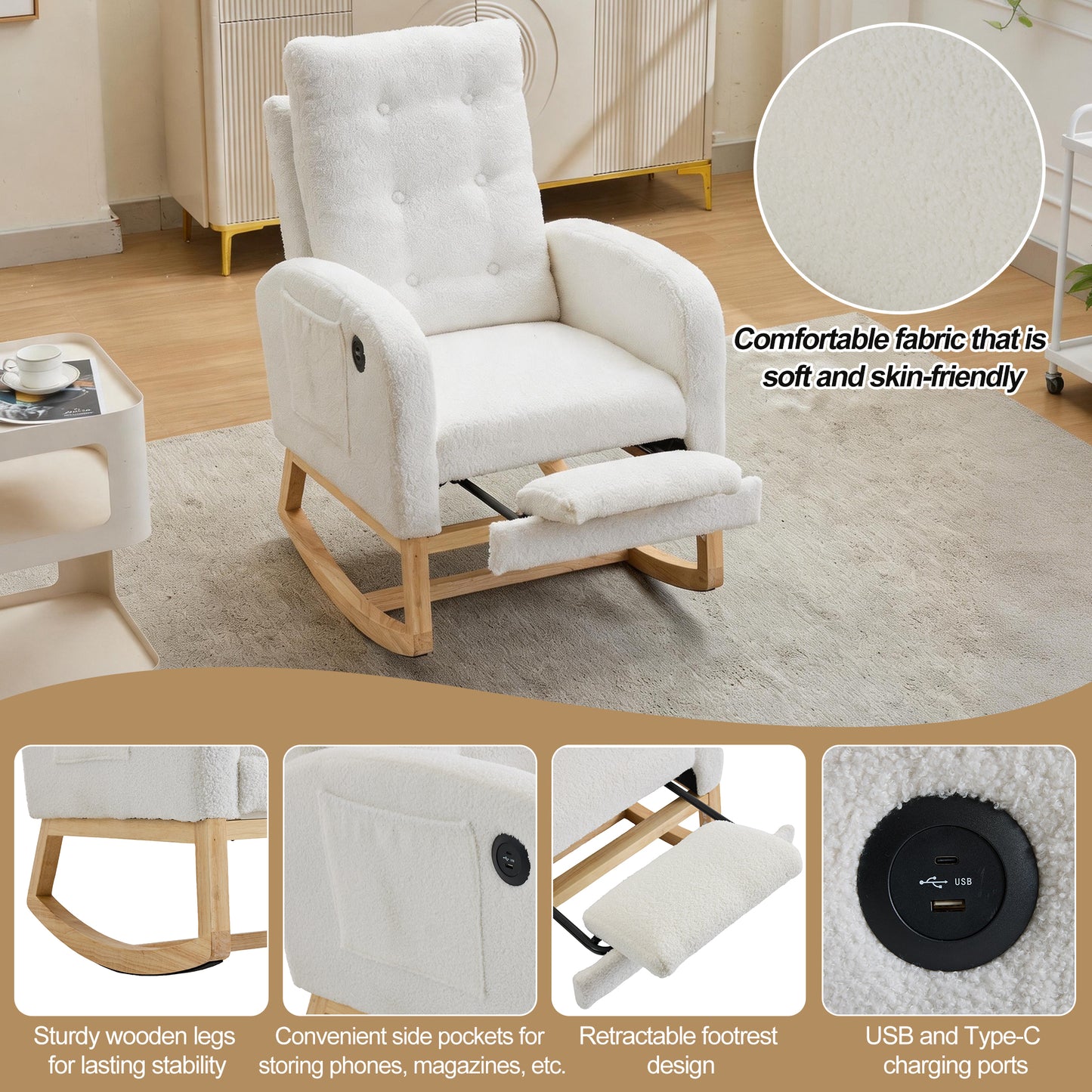 66.5x121.5x102cm Rocking Chair With USB Charging Ports, Nursing Rocking Armchair,Teddy Fabric Glider Rocker With Adjustable Footrest,Side Pocket, For Nursery Bedroom Living Room, White