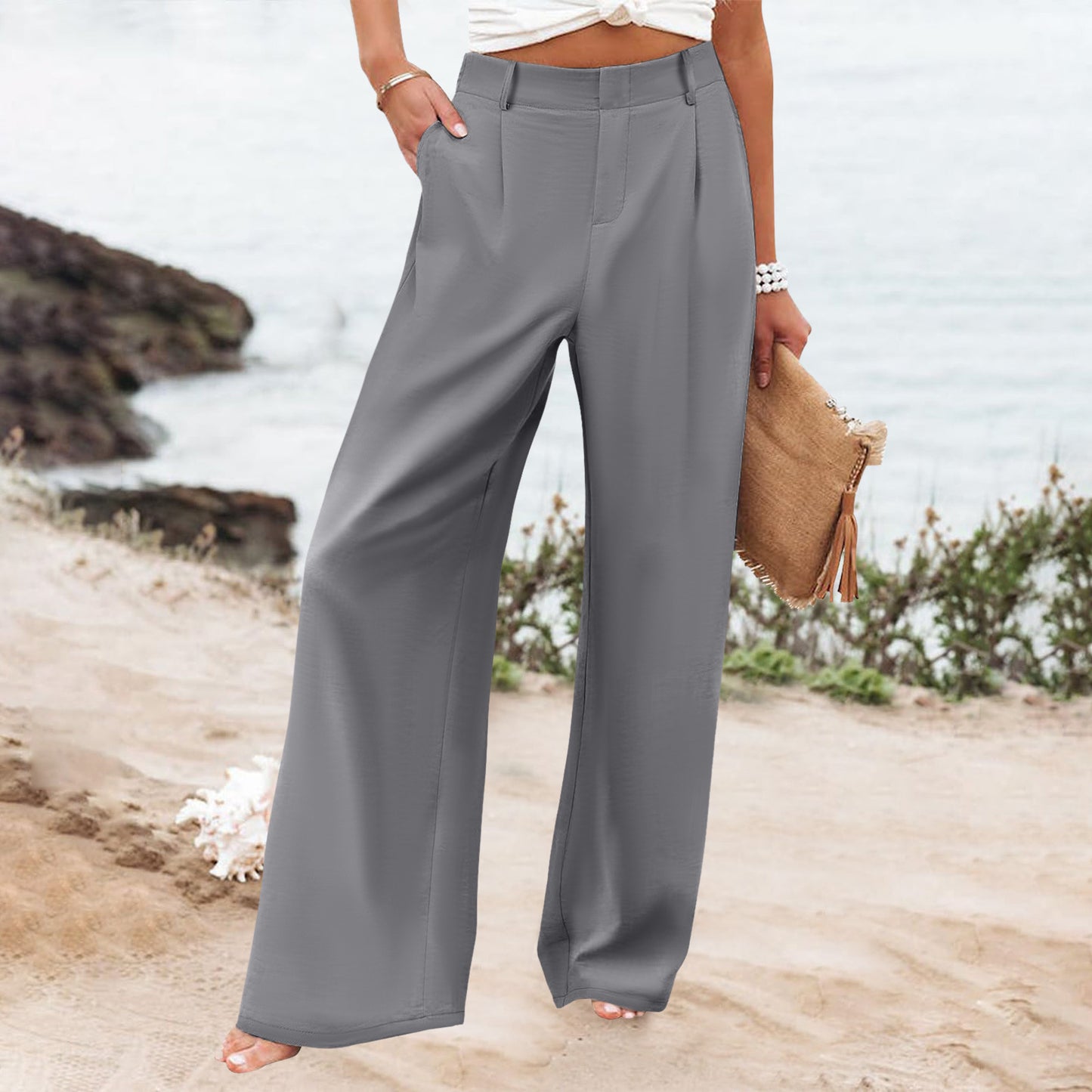 Womens Summer Fashion Loose Solid-color High-waisted Casual Pants Straight-leg Trousers