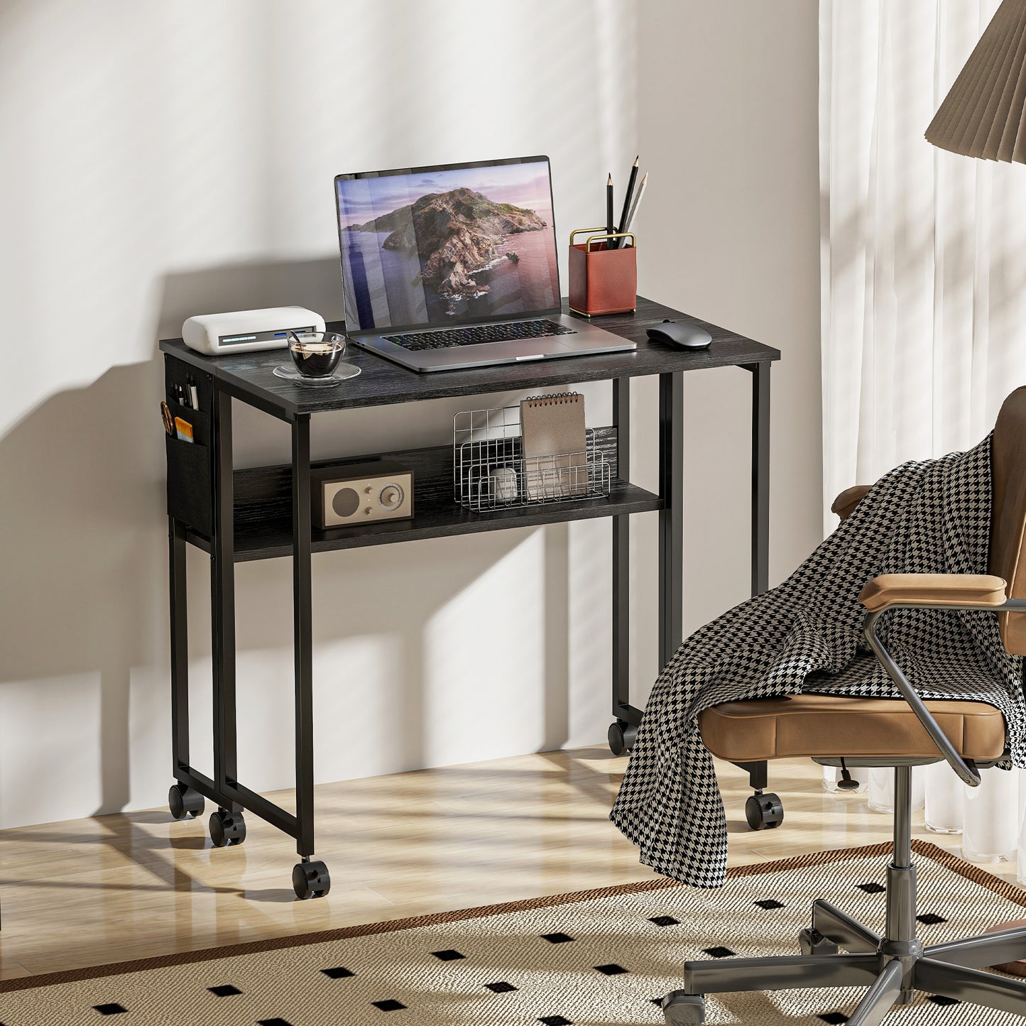 Folding Computer Desk, Foldable Desk with Storage Bag, Shelf and Wheels for Small Spaces, Home Office, Black