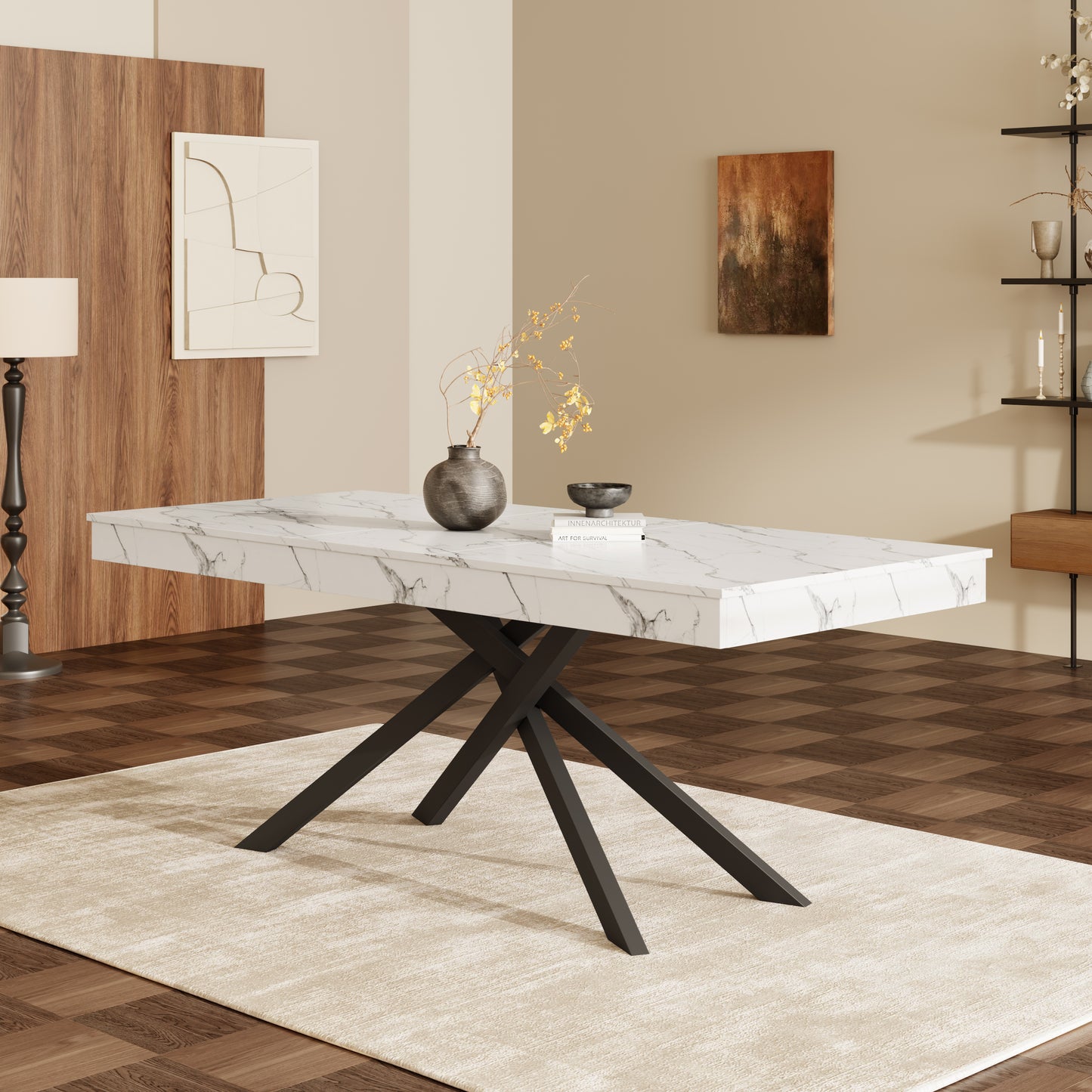 Extendable Dining Table, 140 180x80 Cm, Suitable For 6-8 People, Right Shape, Thickened Table Top, Metal Legs, Simple Style, Table For Dining Room, Kitchen, Living Room, White