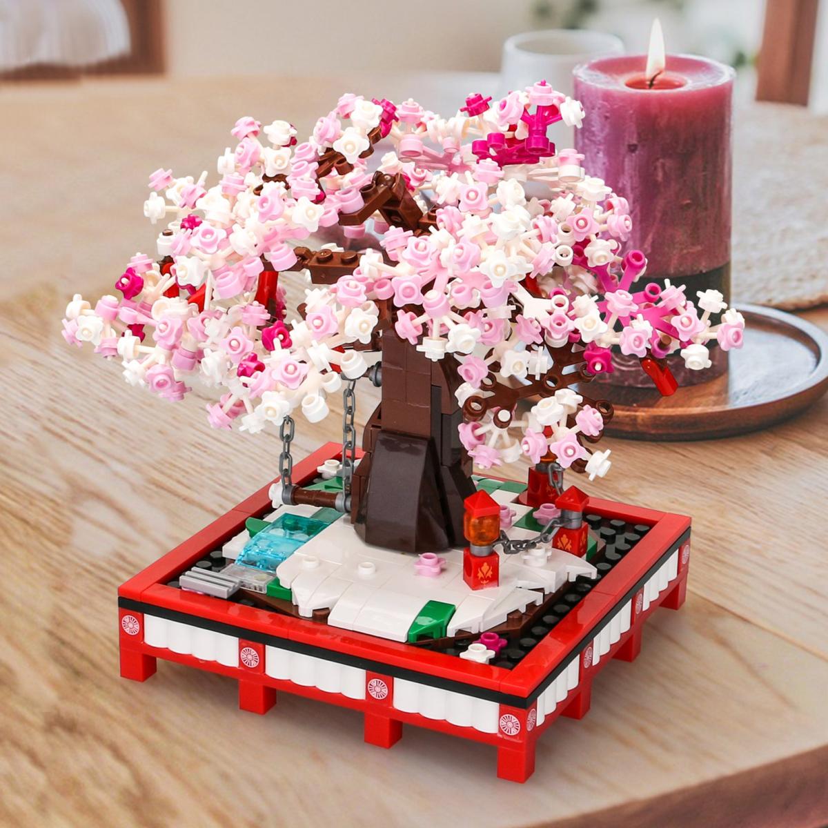 Cherry Blossom Bonsai Tree Building Blocks Set Flower Tree Bricks Building Kit STEM Construction Toys With Chain Rotating Swing Figurines