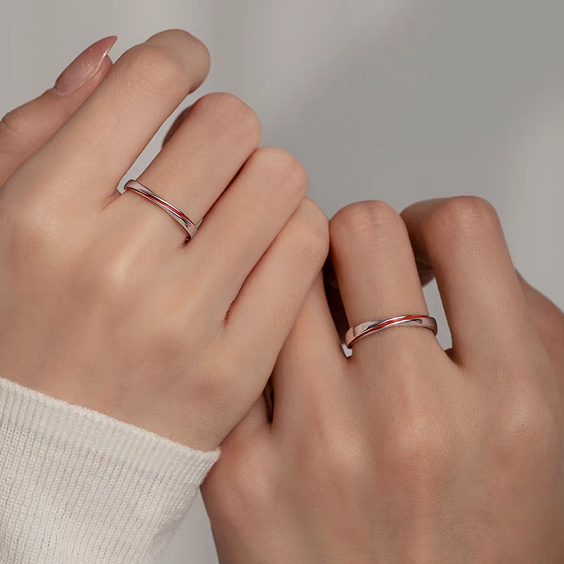 1 Pair 999 Sterling Silver Red Line Mobius Couple Rings, Adjustable Promise Rings, Ideal Valentine's Day Gift For Lovers