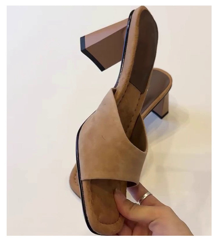 Elevated Version French Open Square Toe High Heel Slides For Women, Simple Slip-On Block Heel All-Match One-Strap Summer Outdoor Sandals