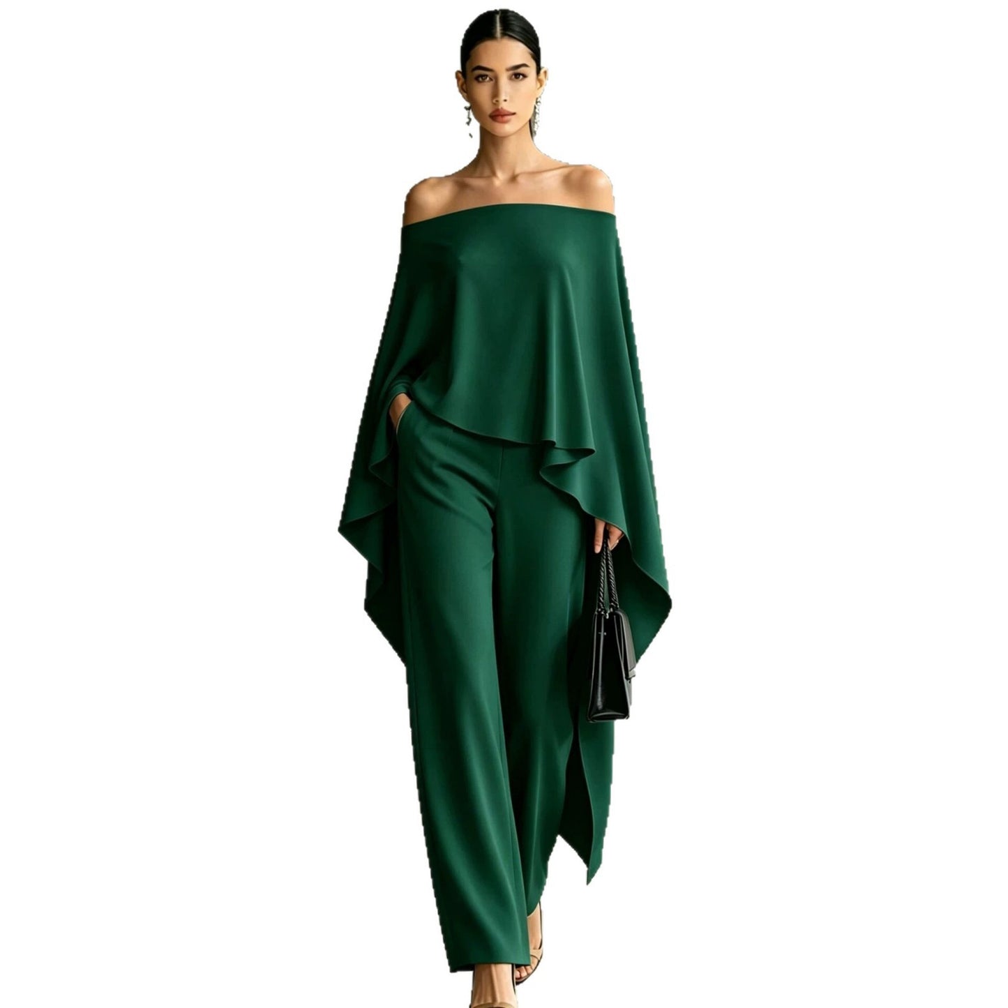 Autumn Fashion Off-Shoulder Wide-Leg Pants Set Womens Solid-Color Asymmetric Two-Piece Set