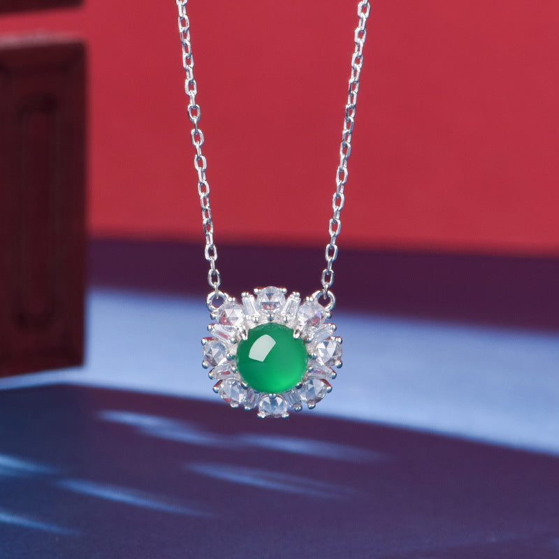 S925 Sterling Silver Necklace 45cm, 6mm Round Green Chrysoprase Pendant, Platinum Plated D Aisy Flower Jewelry For Women With Gift Box