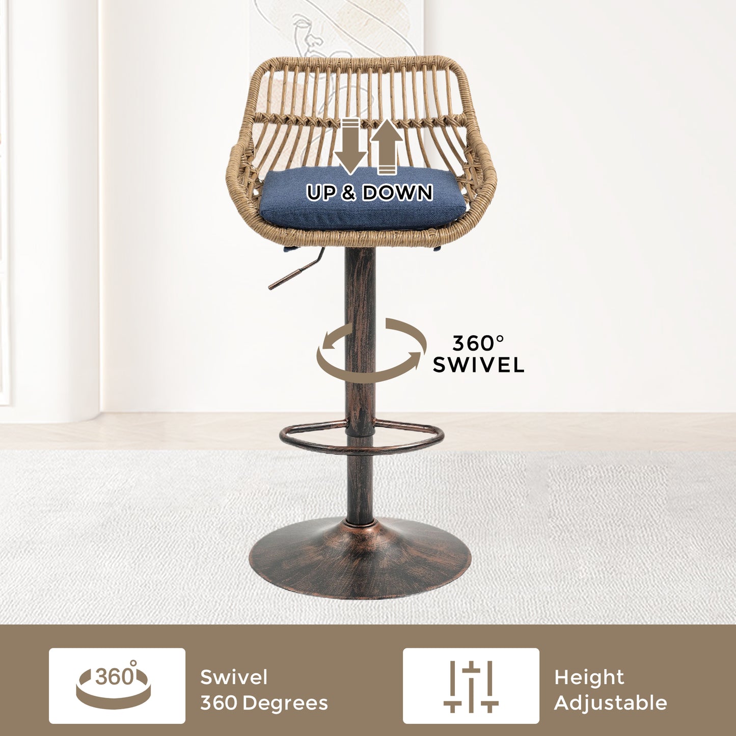 Modern Swivel Bar Stools Set Of 2 Adjustable Counter Height Chairs With Footrest For Kitchen, Dining Room  Blue