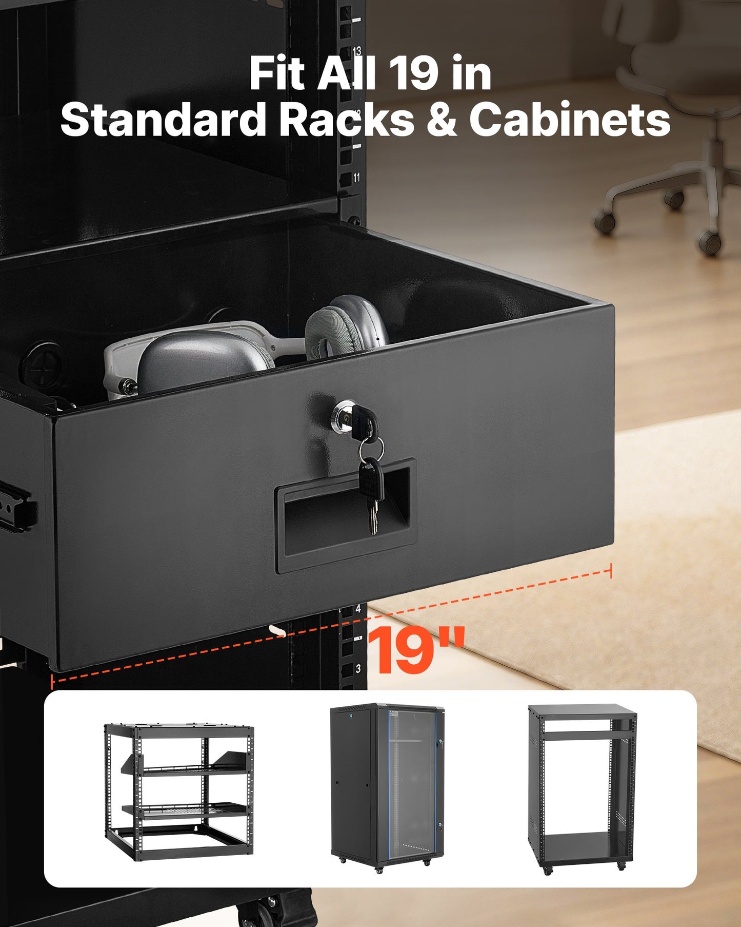 4U Rack Mount Drawer, 50 Lbs Max Load-Bearing, Lockable Server Cabinet Case, Sliding Drawer With Lock And Cable Management Holes, For 19 In Network Equipment Server AV Rack Or Cabinet Enclosure