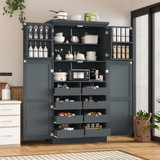 TOPMAx 35.5x17.6x70.9inch Freestanding Kitchen Pantry Cabinet  Tall Storage Cabinet With 4 Doors  2 Door Shelves  8 Pull- Out Trays And Adjustable Shelf For Dining Room  Gray