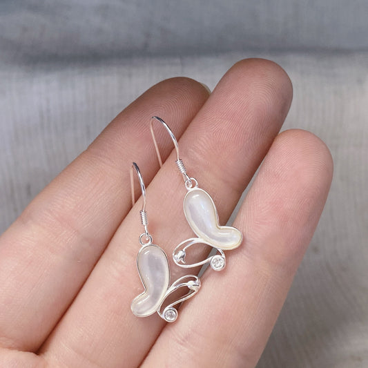 1 Pair 999 Sterling Silver Rose Butterfly Shell & Zircon Drop Earrings, Fresh & Elegant, Perfect For Daily, Party & Dating, Ideal Valentine's Gift