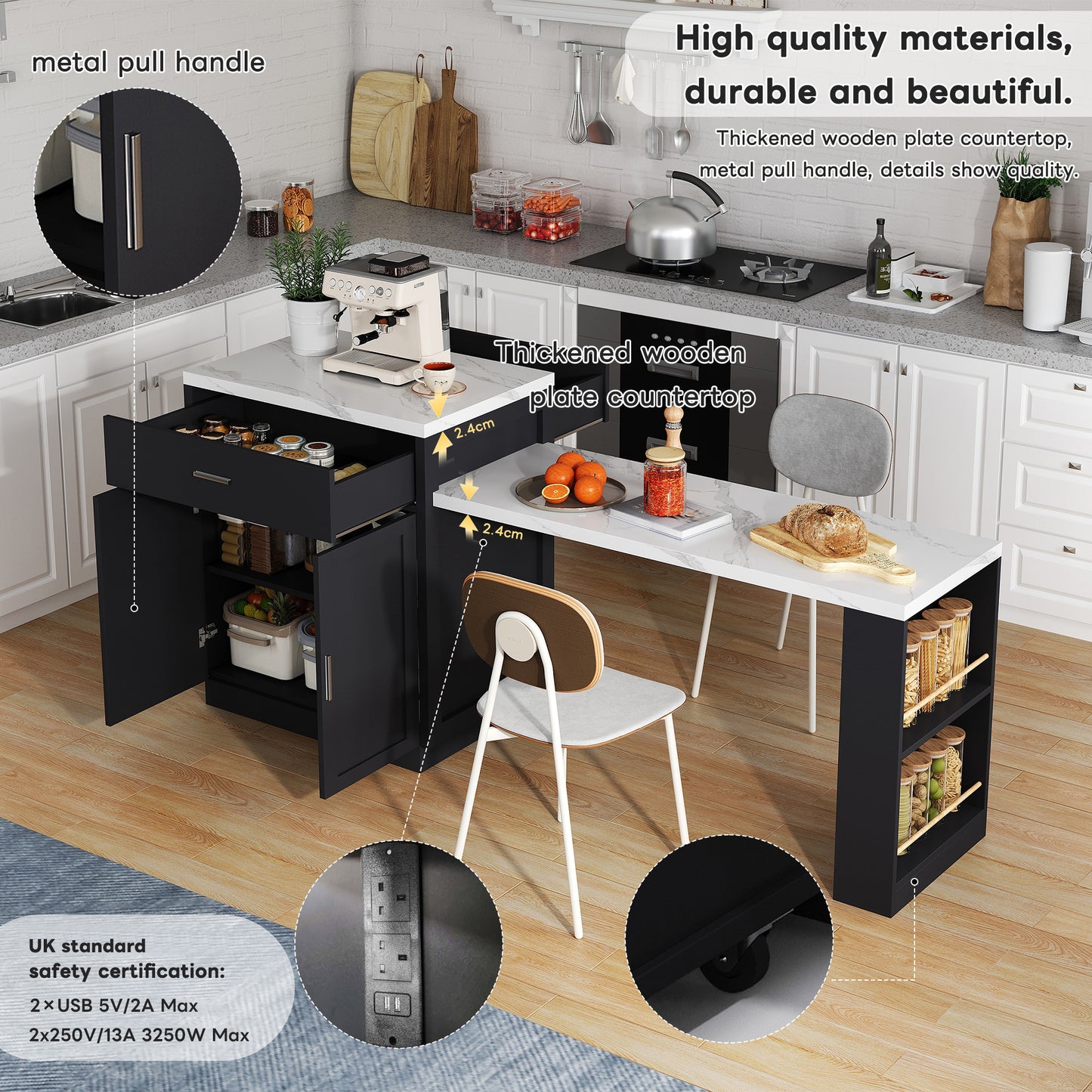 Kitchen Island With Extendable Dining Table For 4-6 People, Two-tone Kitchen Table, Socket,charging Station, Storage Cabinet, 2 Drawers, 2 Side Open Shelves