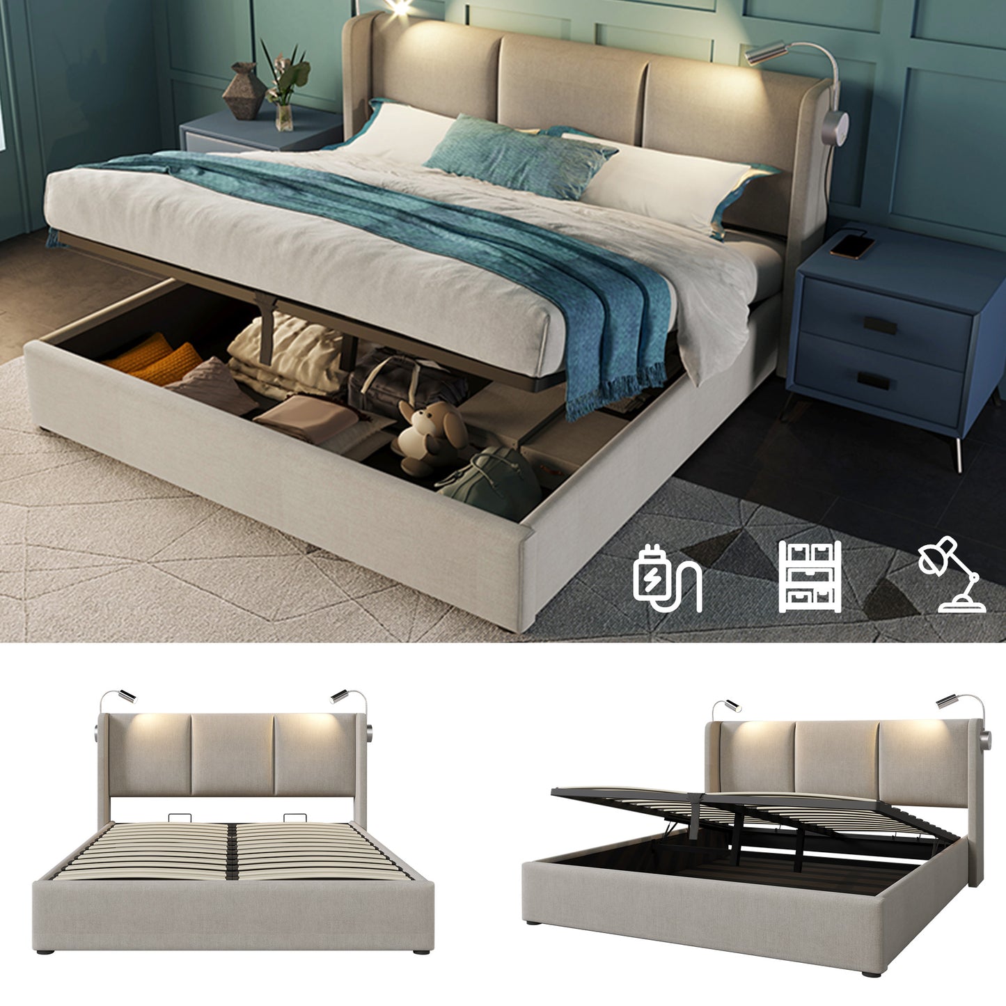 Upholstered Bed Double Bed Storage Storage Storage Reading Light With USB Charging Function Headboard, Storage Beds Bed Frame Made Of Linen Material Youth Bed 140x200 With Slatted Base Without Mattre