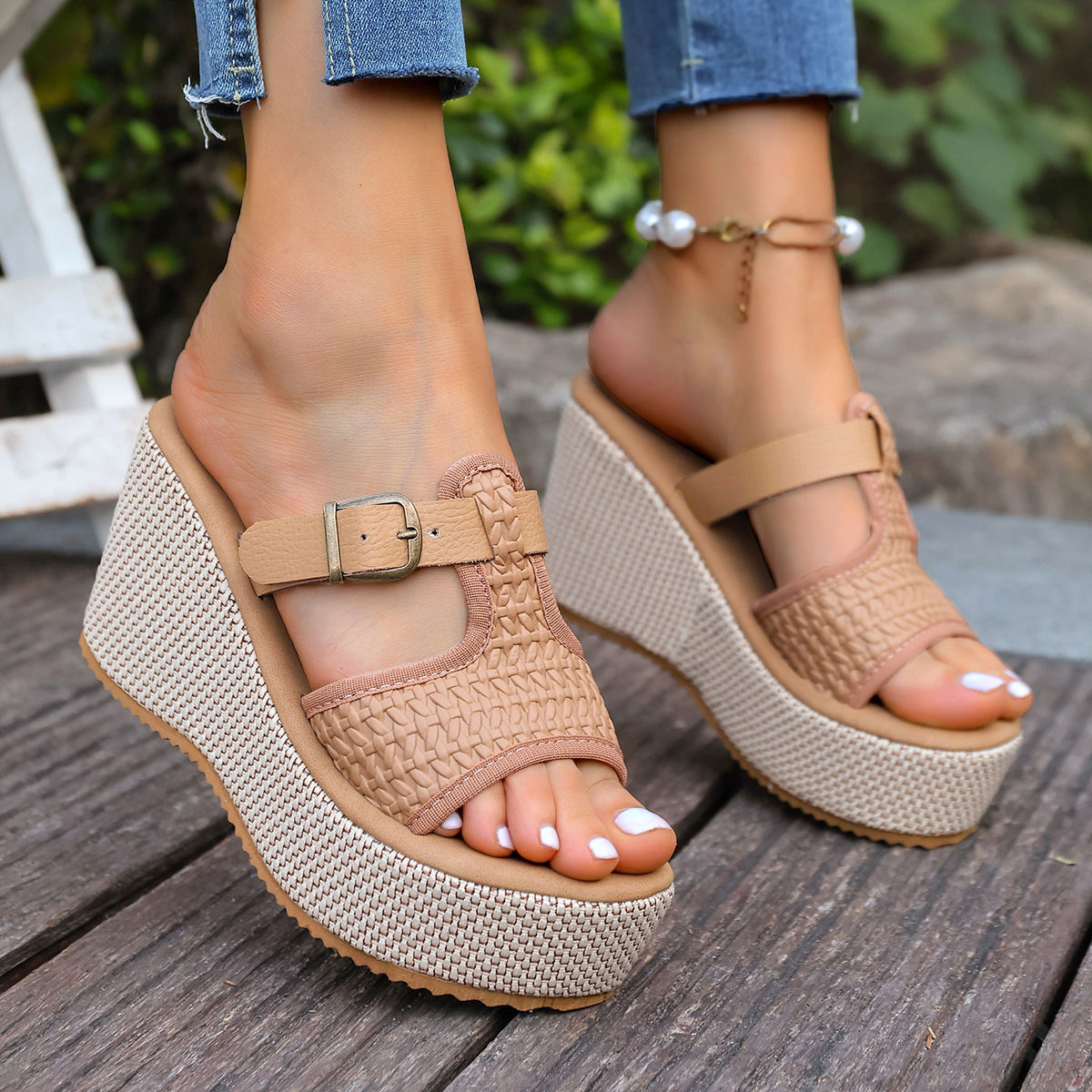Womens Thick-soled Wedge Sandals Summer Outdoor Peep-toe Woven Fashion Slides