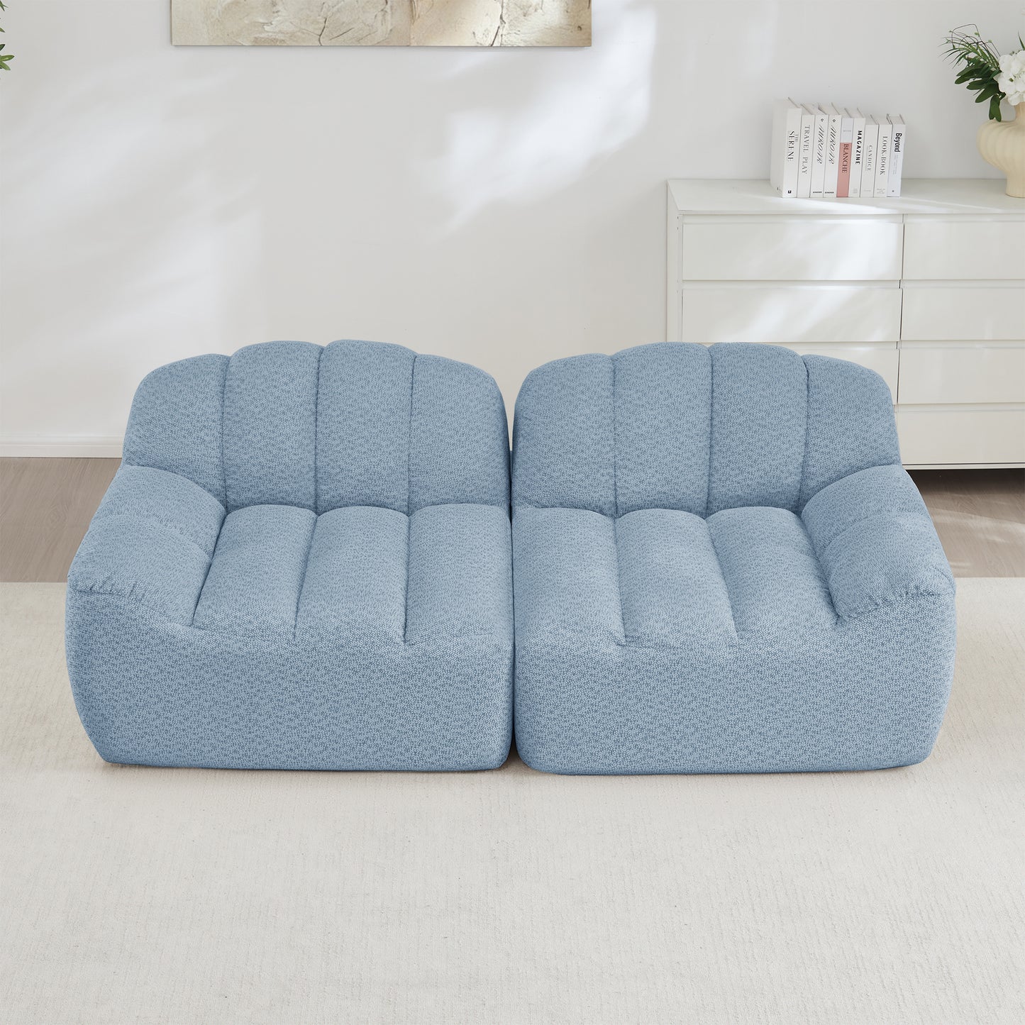 2 Seater Modular Boneless Sofa, Shell Shape, Deep Seat Cushions, Sofa For Living Room & Apartment, No Setup Required, Blue