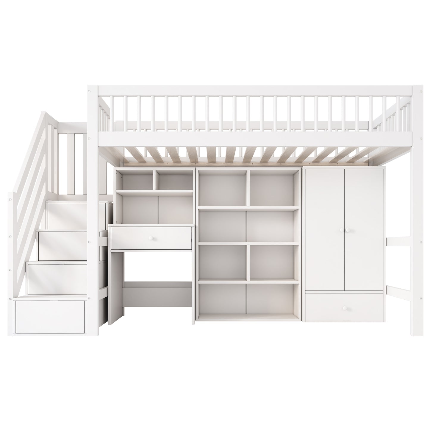 Crib, Single Bed, Multifunctional Crib ,With Desk&Stairs&Lockers&Wardrobe,Without Mattress,Solid Wood MDF, White, 90x200 OLD SKU 3221289012AAW
