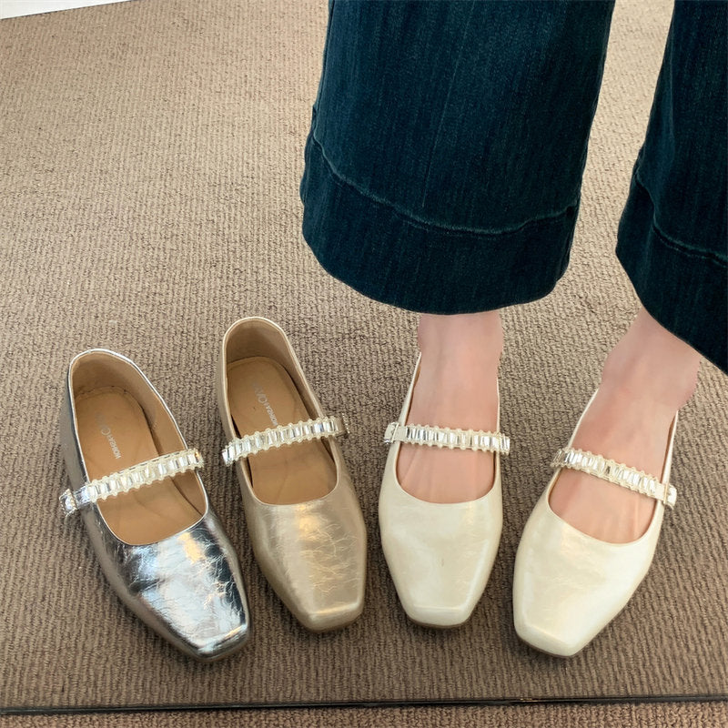 Women Minimalist Elegant Metallic Leather Flats, Square Toe Single Crystal Rhinestone Strap Slip On Lightweight Flat Casual Office Commuting Dress Shoes