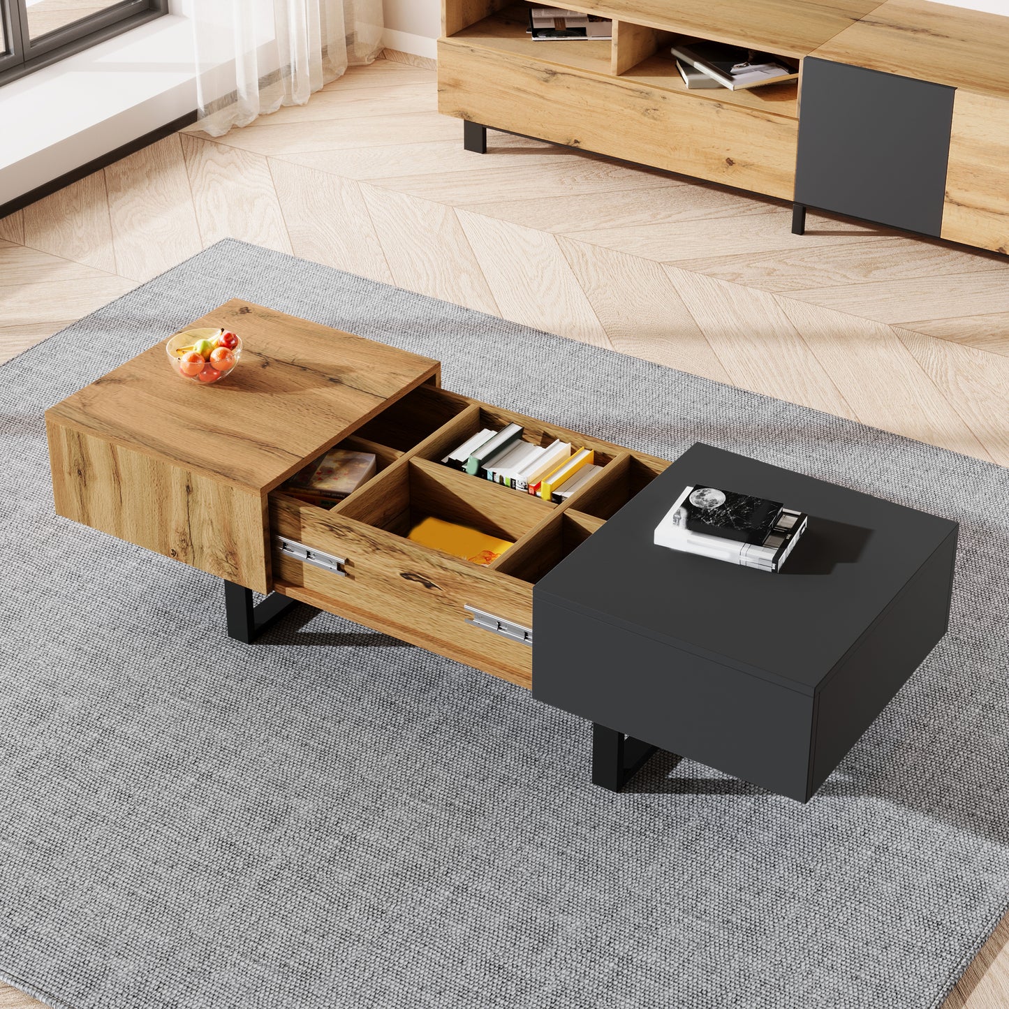 Multifunctional Modern Sliding Coffee Table With Hidden Storage, High Quality Wood And Metal Bracket, Suitable For Home And Office Setting, Easy To Install, 155x55x40cm