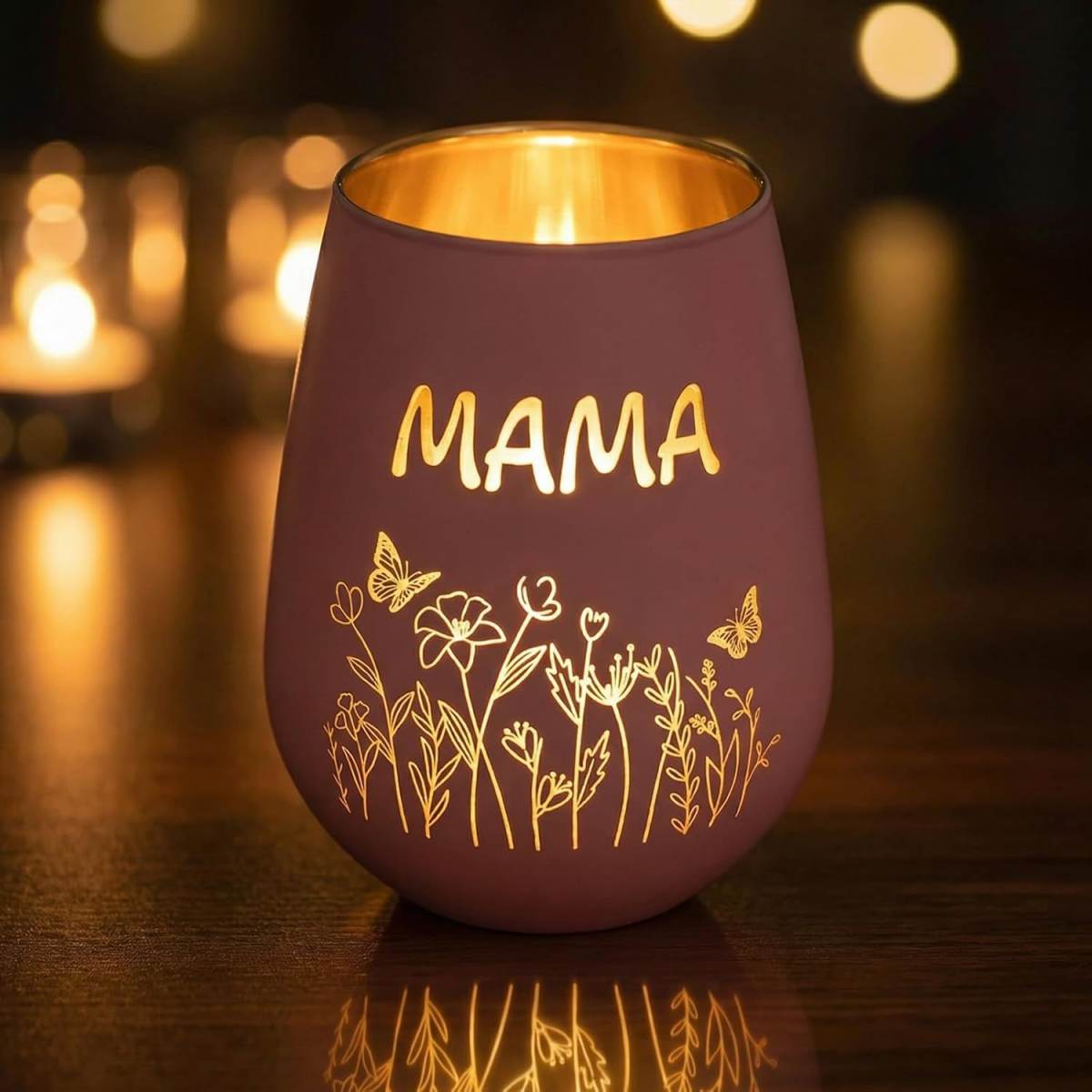 Pink Glass Candle Holder – Lantern-Shaped, With “MAMA” Engraving, As A Gift For Women