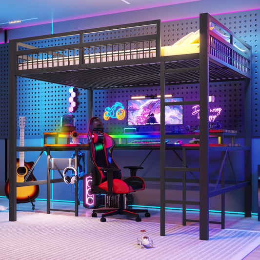 Loft Bed, 140 X 200 Cm, Iron Frame, With Colour-changing LED Light Strip, With Desk, 1 USB Port  1 Type-C Port And 2 Sockets, With Perforated Wall, Without Mattress, Black