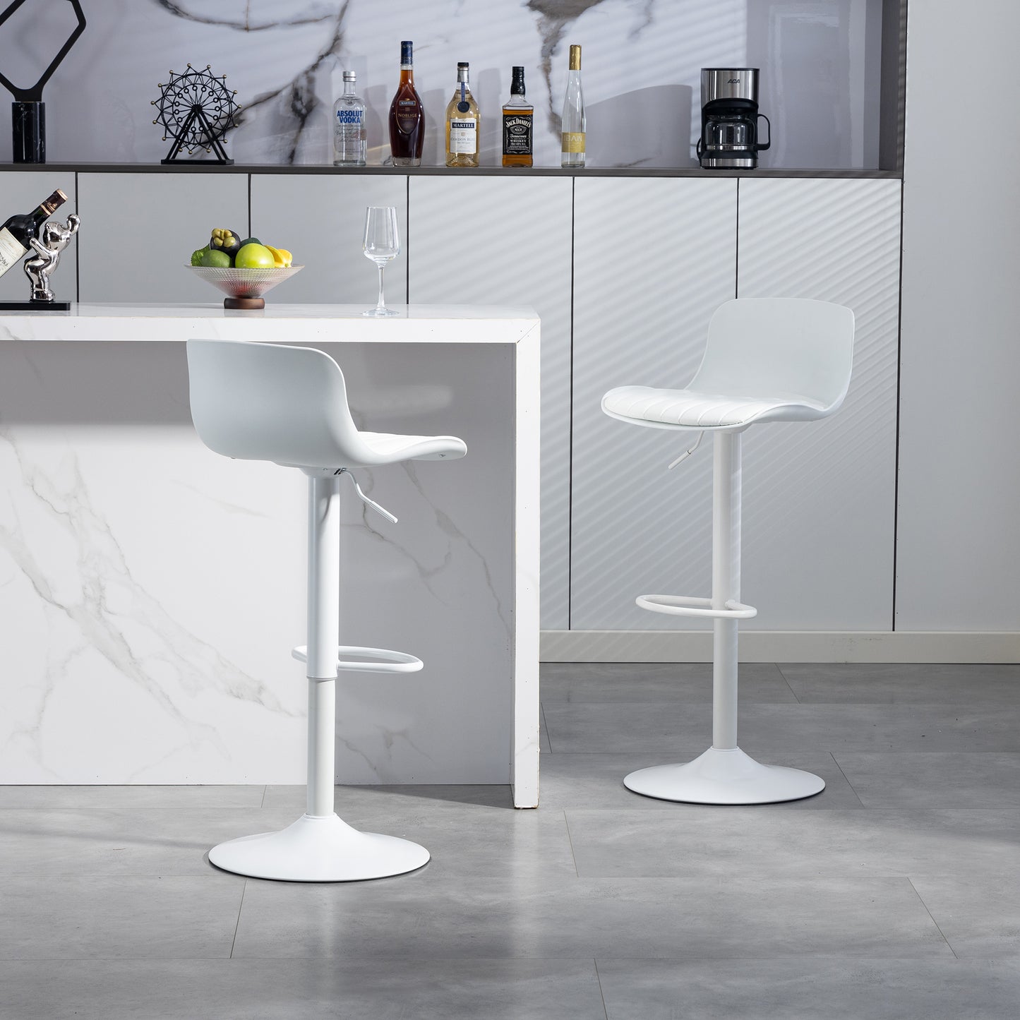 Modern Adjustable Swivel Bar Stools Set Of 2, Plastic Backrest & Faux Leather Seat, Gas Pressure Lift Height, Metal Base With Footrest, Kitchen Counter Bar Stool