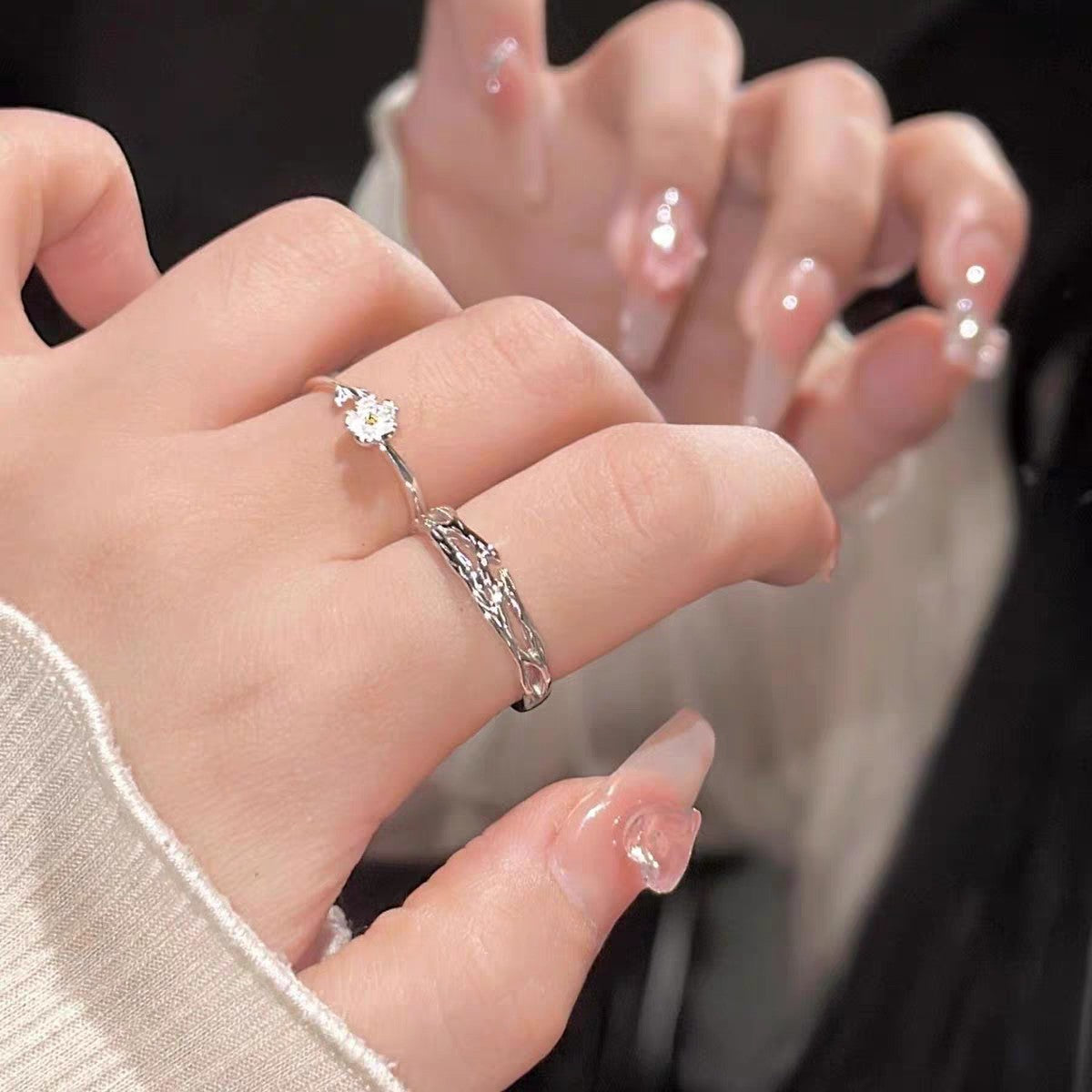 1 Pair 999 Sterling Silver Twig & Flower Couple Rings, Minimalist Romantic Style, For Daily Wear & Valentine's Gifts