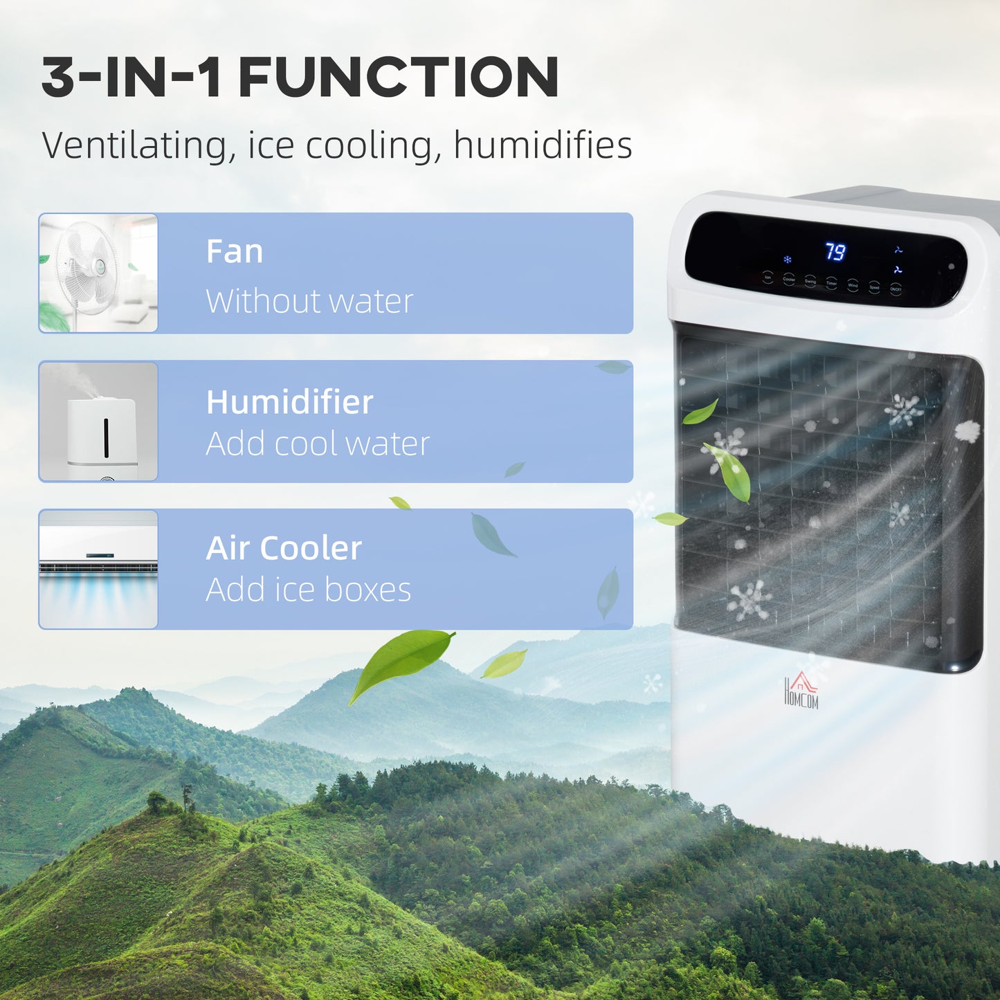 3-In-1 Ice Cooling Fan, Mobile Evaporative Air Cooler with Remote, Timer, Oscillating for Home Office, Bedroom, White