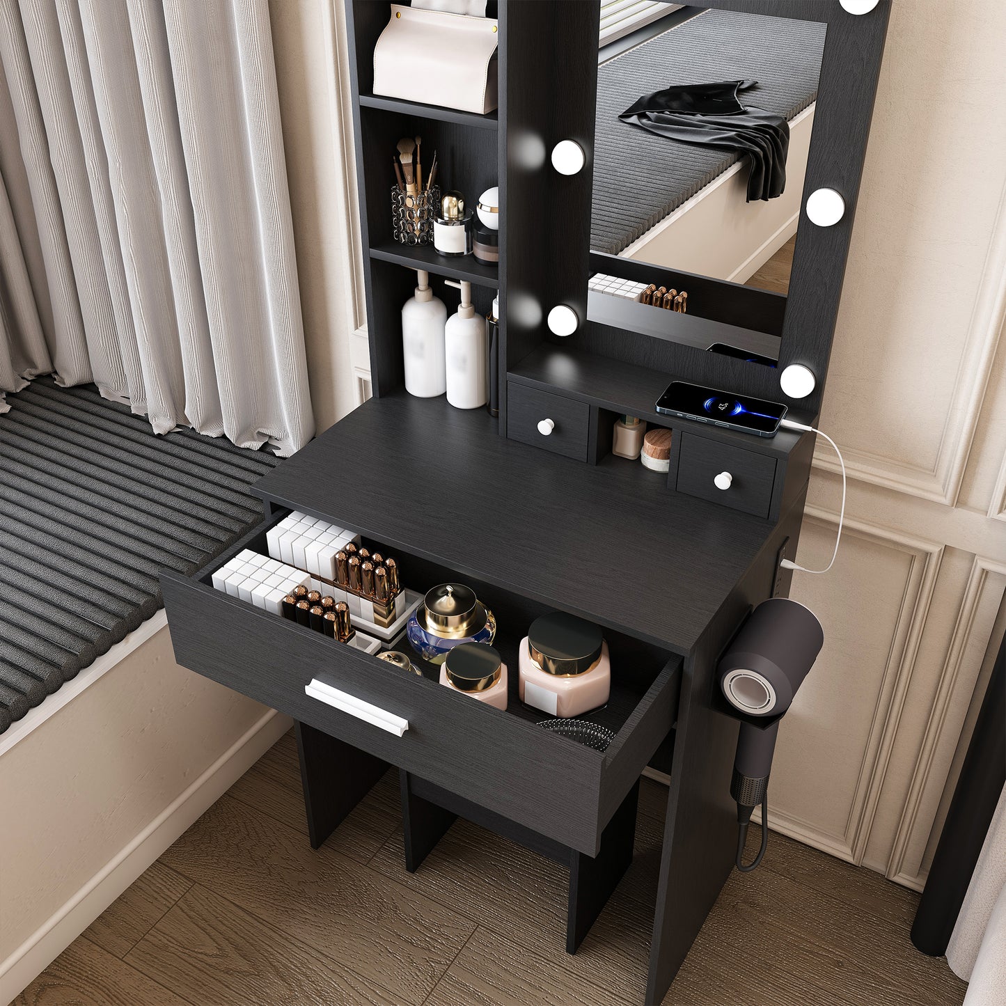Vanity Table With Mirror & Adjustable LED Lights, Power Outlet, Hairdryer Holder & Stool -Compact Dressing Desk For Small Bedrooms Black