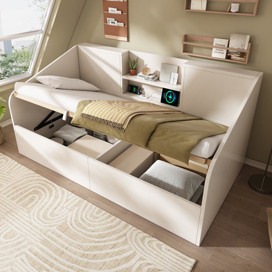 Hydraulic Daybed 90x190 Cm In White, Wooden Bed With 2 Shelves, Large Storage Space & USB-Type-C Charging Station, Slatted Frame Incl., Space-saving Single Bed Without Mattress