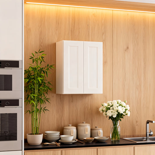 White Shaker Solid Wood Wall Cabinet With Soft-Close Doors, Adjustable Shelves - 24  Double Door Storage For Kitchen, Bathroom, Laundry, Garage  Easy Assembly, 24 W X 12 D X 30 H