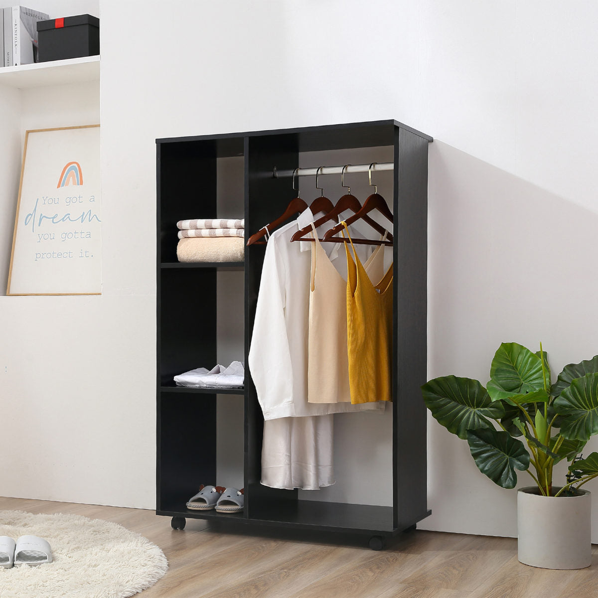 Open Wardrobe On Wheels, Bedroom Wardrobe With Clothes Hanging Rail, 3 Storage Shelves, Mobile Garment Rack For Cloakroom, Hallway, Black