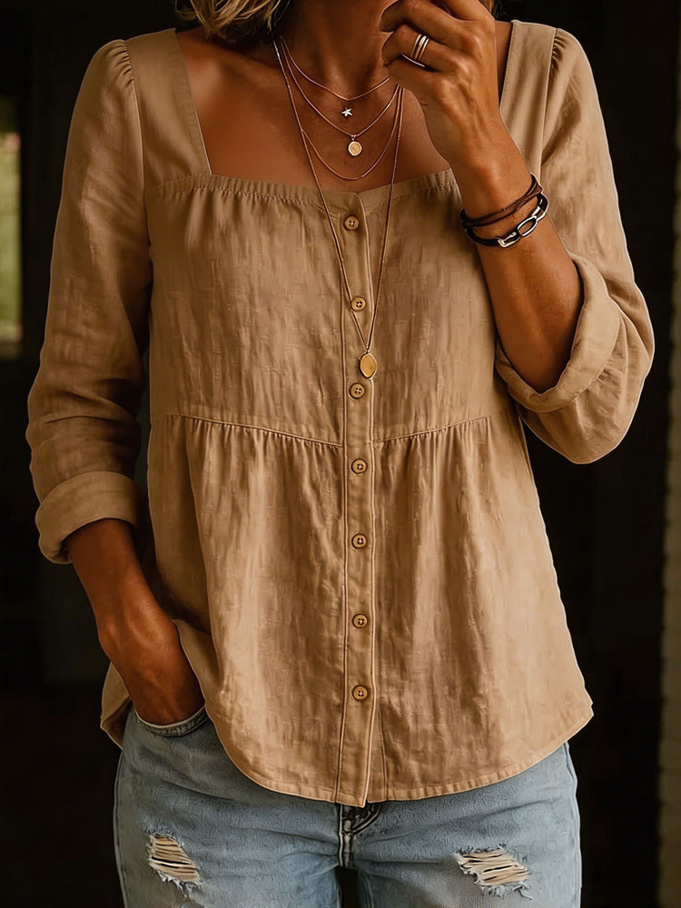 Womens Fashion Solid-color Long-sleeve Square-neck Button-up Shirt