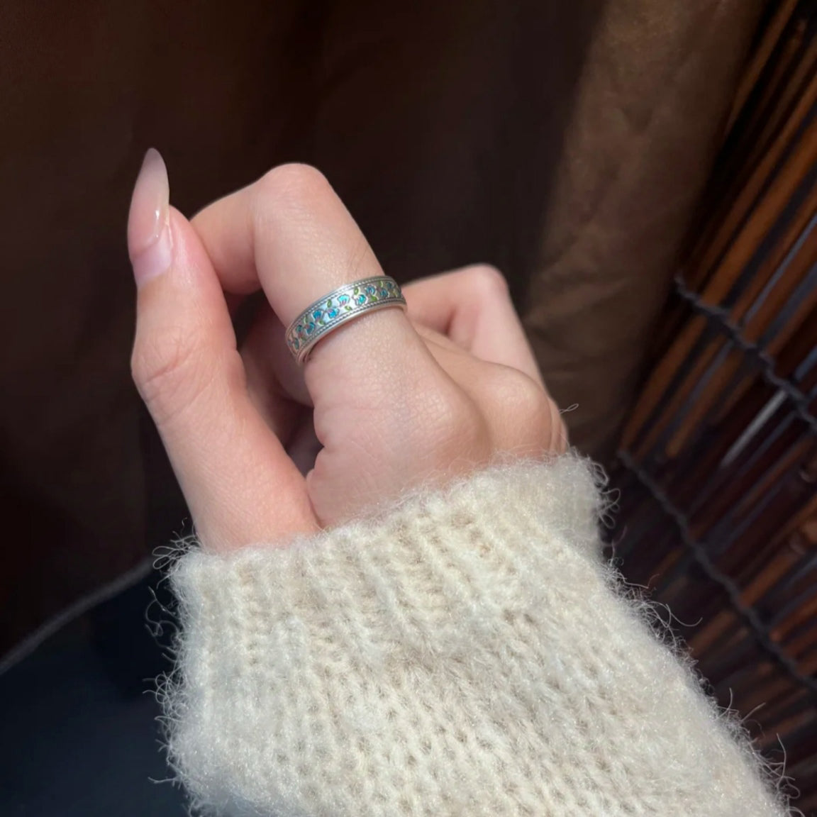 1pc 999 Sterling Silver Enamel Apricot Leaf Vine Ring, Retro & Fresh Style, Perfect For Daily, Dating & Gifting, Ideal Valentine's Gift