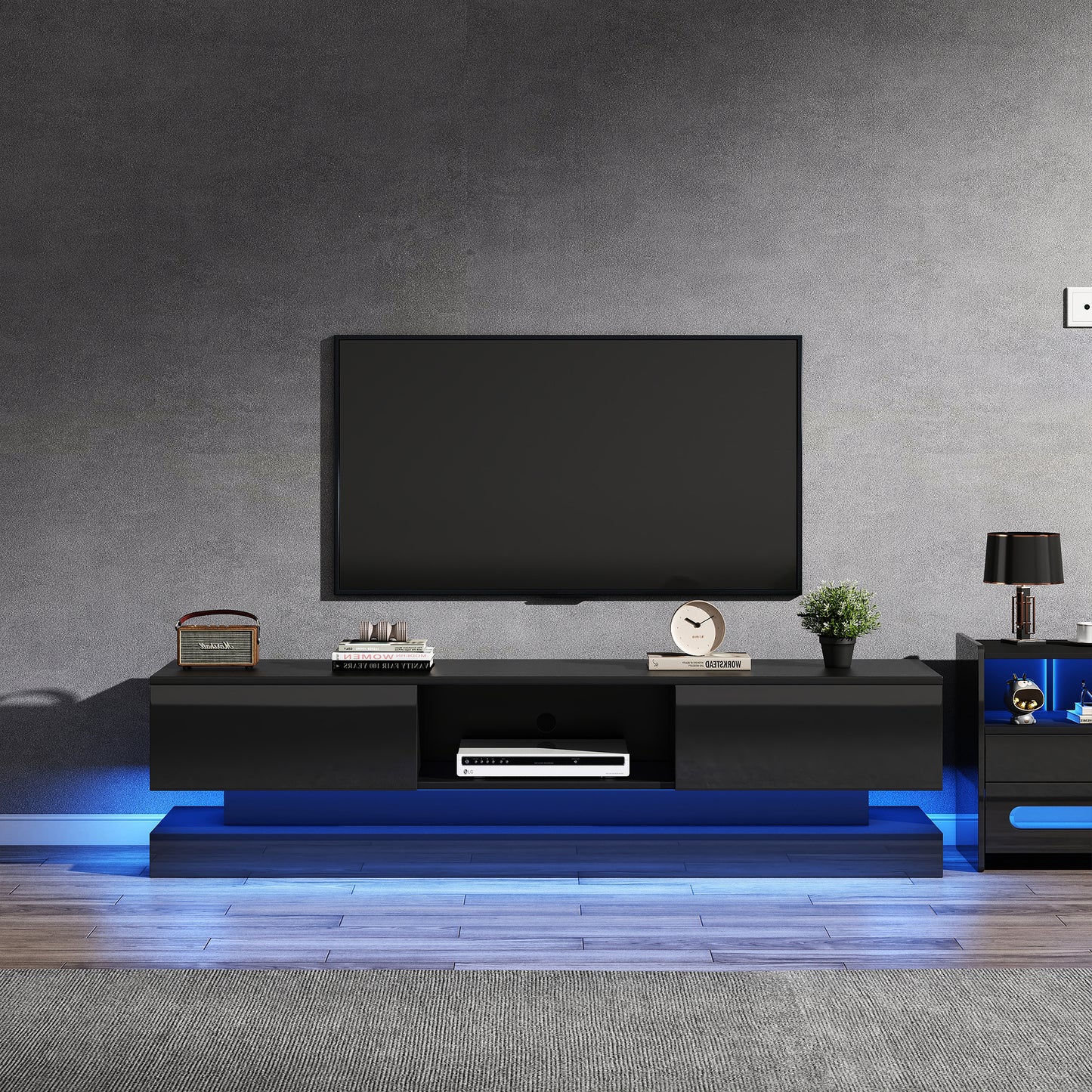 160x35x40.5cm Black High Gloss TV Stand With LED Lighting, 2 Drawers, Application Control, Anti-Tilt Design, Suitable For 60 Inch TV, TV Cabinets, TV Lowboard