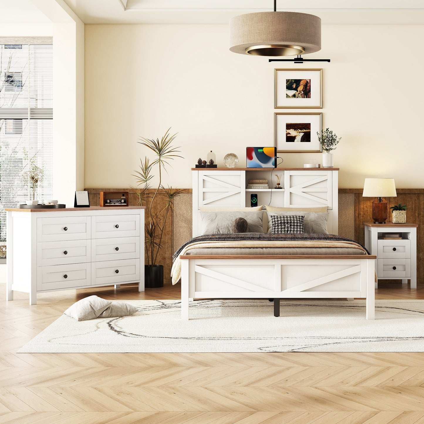 3-Pieces Bedroom Sets Full Size Farmhouse Platform Bed With Double Sliding Door Storage Headboard And Charging Station, Storage Nightstand And Dresser, White Brown Old SKU HL000091AAK