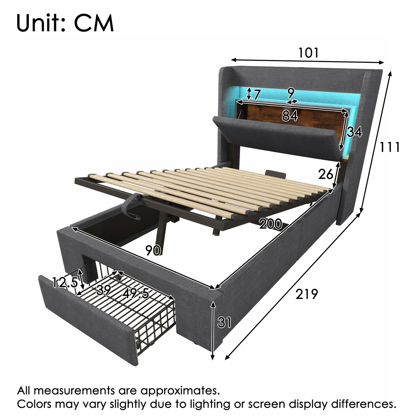 Upholstered Bed 90x200 Cm With Hydraulic Storage And Headboard With Storage Compartment, LED Lighting And USB & USB-C Connection, Wooden Slatted Bed Frame, Grey, Linen, Without Mattress