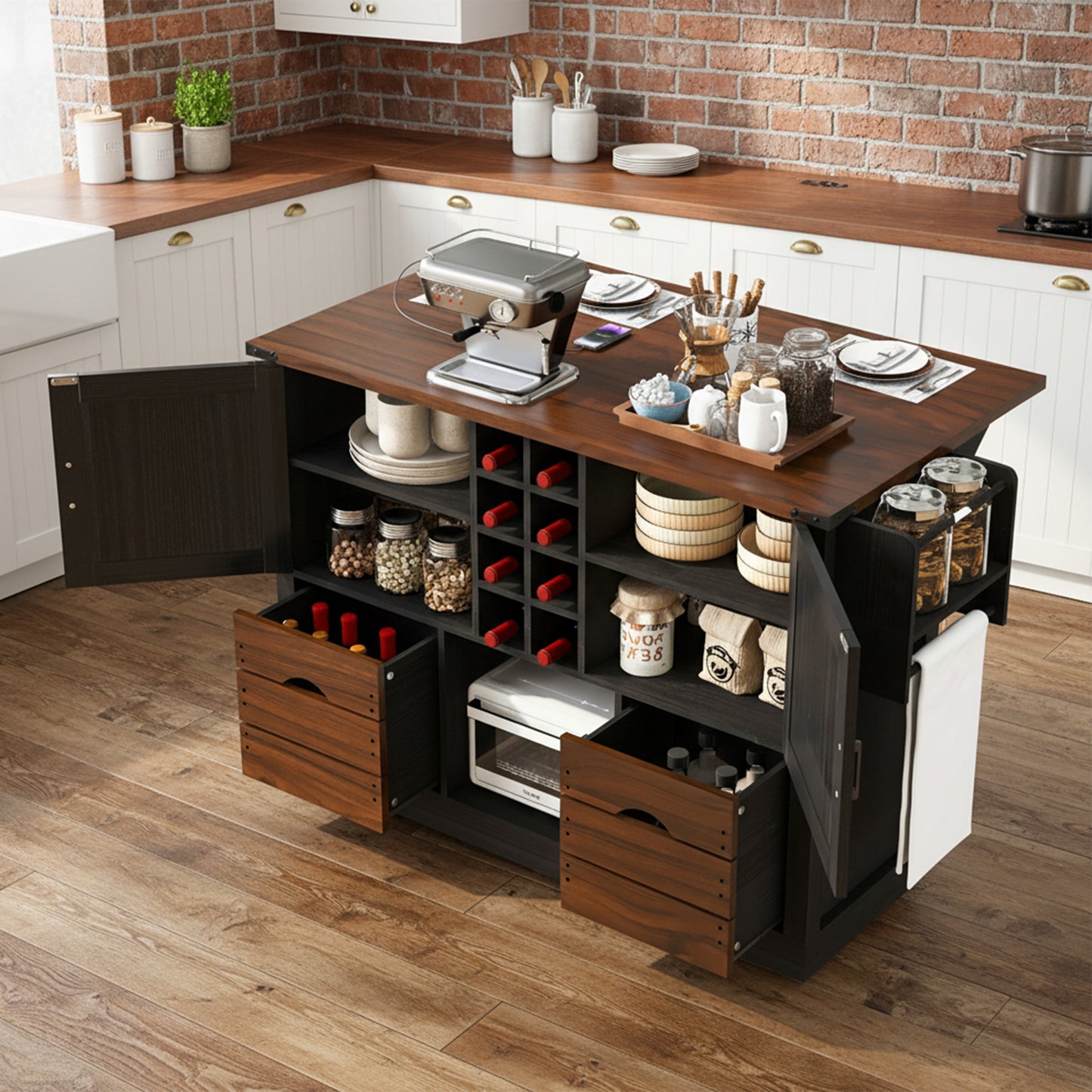K&K 54  Farmhouse Kitchen Island With Drop Leaf, Power Outlet, Kitchen Storage Cart With 2 Doors, 2 Drawers, Rolling Kitchen Island On 4 Large Wheels With Spice Rack For Kitchen, Dining Room, Black