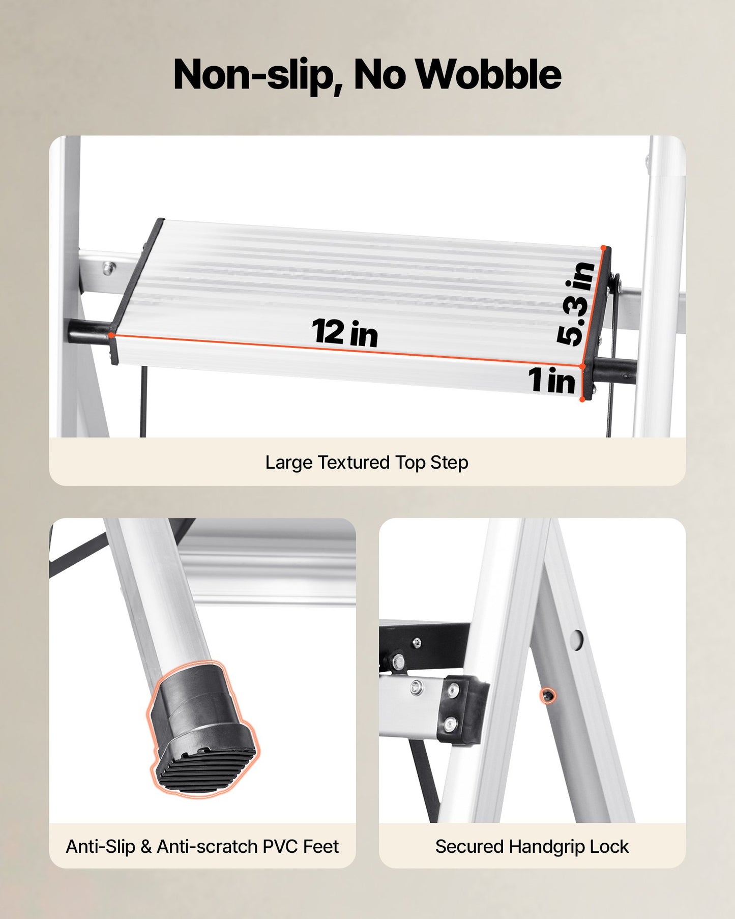 5 Step Ladder, Folding Step Stool With Wide Anti-Slip Pedal And Comfort Handgrip, 330 Lbs Capacity Portable Aluminum Stepladder, Multi-Use For Kitchen, Warehouse, Household And Office, Silver