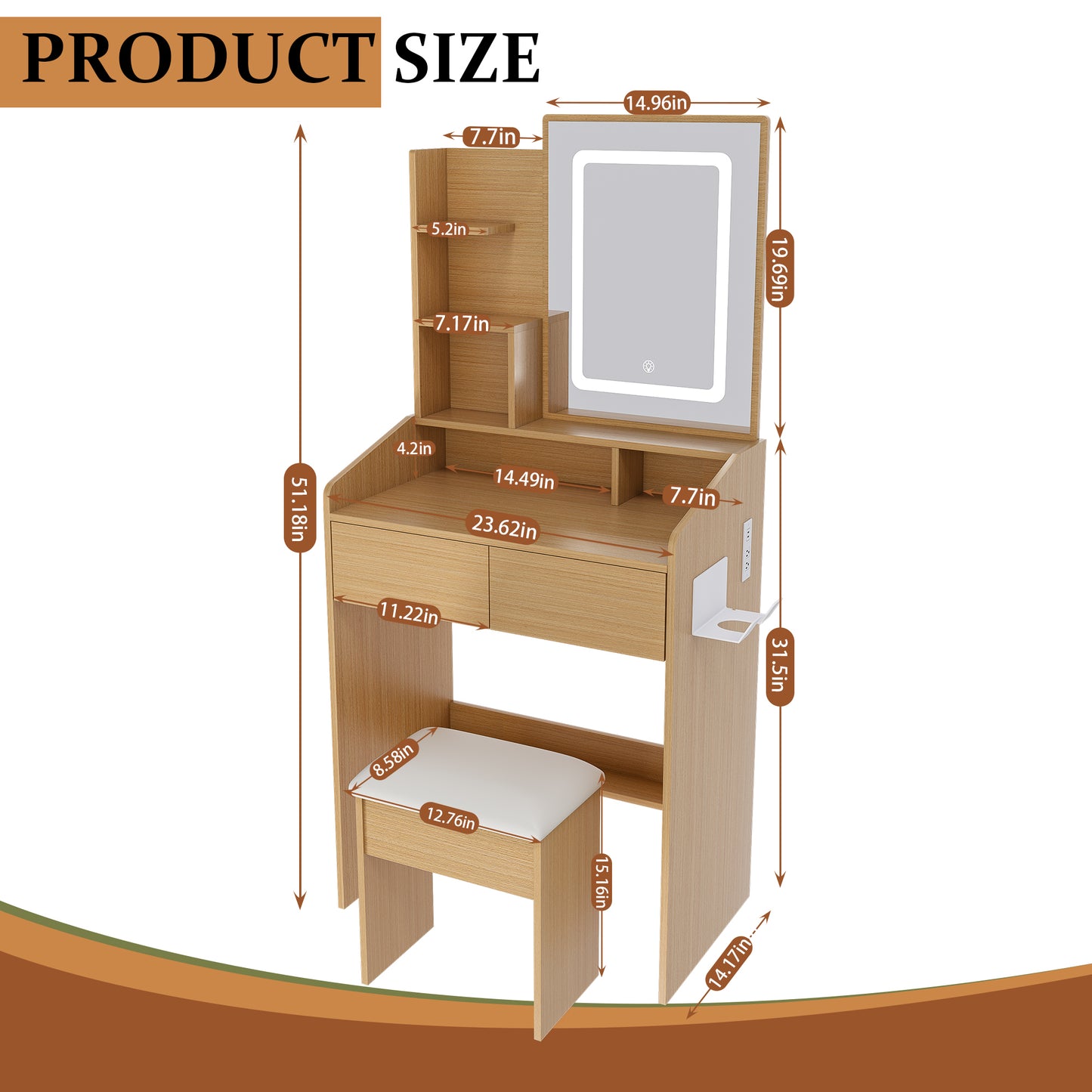 Vanity Table With LED-Illuminated Mirror, Power Outlet, Hairdryer Holder & Stool -Compact Dressing Desk For Small Bedrooms Wood