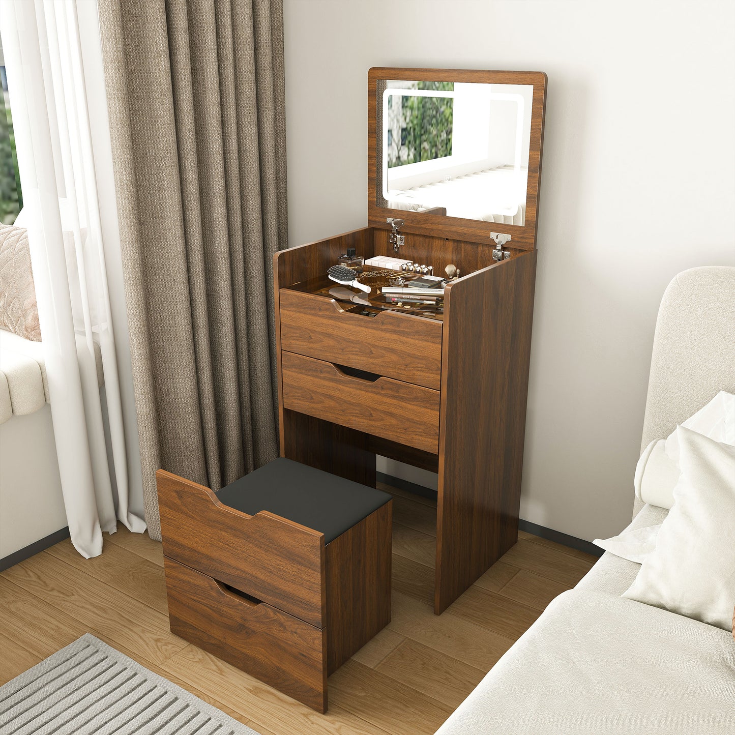 3-in-1 Vanity Desk With Lighted Mirror & Stool, Flip Top Makeup Dressing Table, Compact Storage For Bedroom, Bathroom, Dressing Room 18.9L, Walnut
