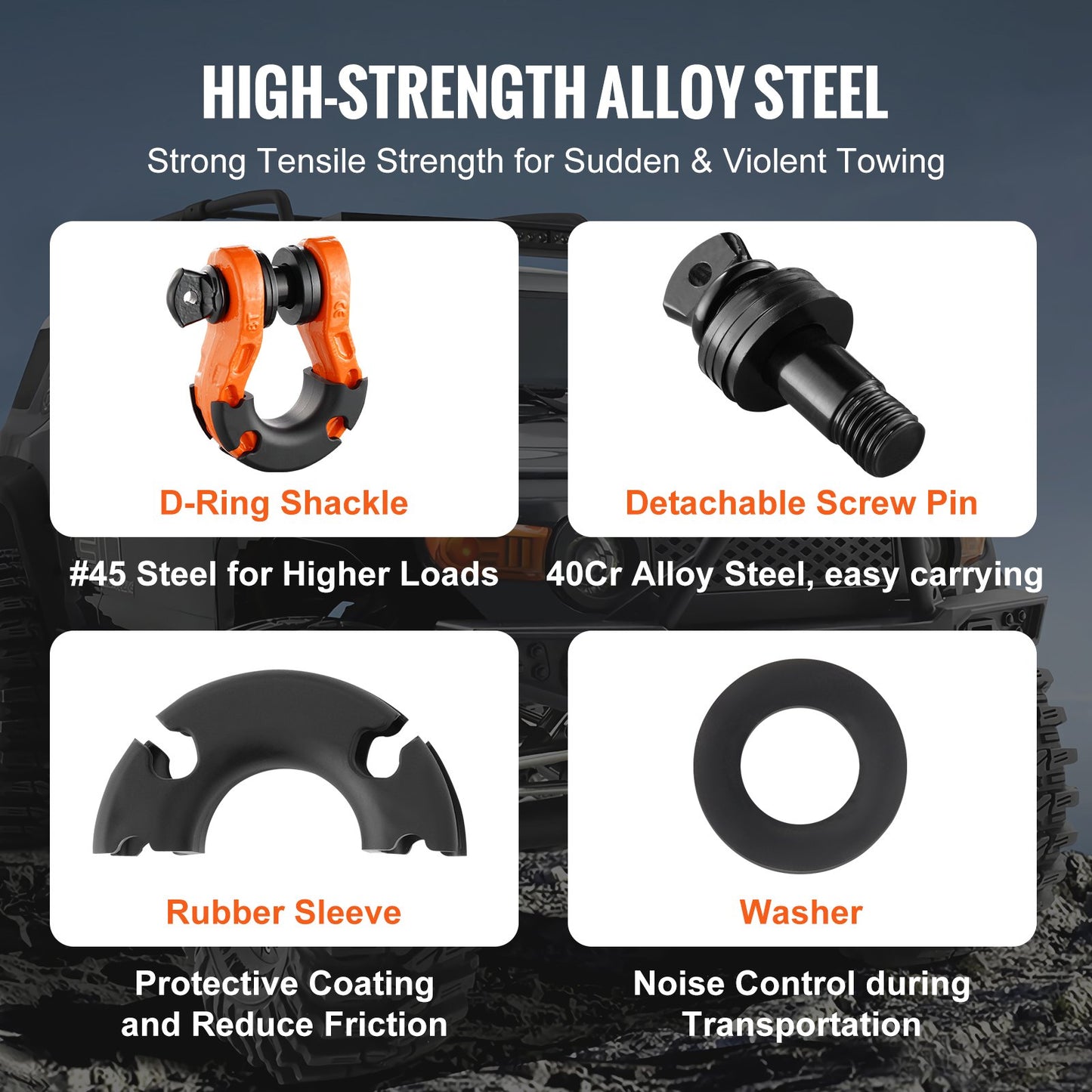 3/4' D-Ring Shackle, 2 Pack Alloy Steel Shackles 66139 Lbs (30 Ton) Break Strength With 7/8' Screw Pin, Isolators & Washers, Heavy Duty Off Road Vehicle Recovery Shackle For Jeep Truck, Orange