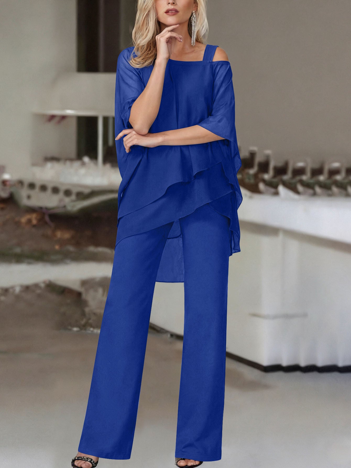 Cold Shoulder Asymmetrical Ruffle Blouse & High Waist Wide Leg Pants Set For Women Casual Elegant Two Piece Outfit Casual Office Wear