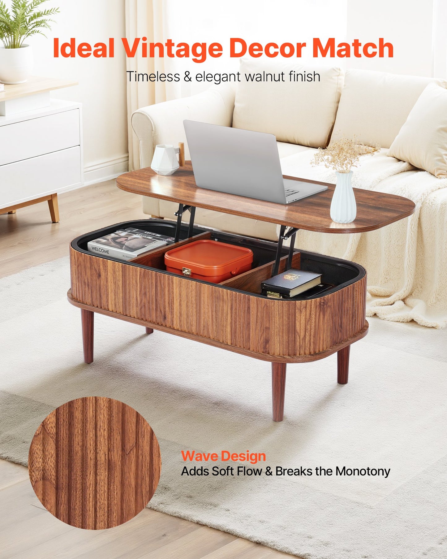 39.4 In Lift Top Coffee Table, Fluted Oval Coffee Table With 3 Hidden Compartment, Mid Century Wooden Oval Center Desk With Storage, Lift Up Tabletop For Home & Office, Easy Assembly, Walnut