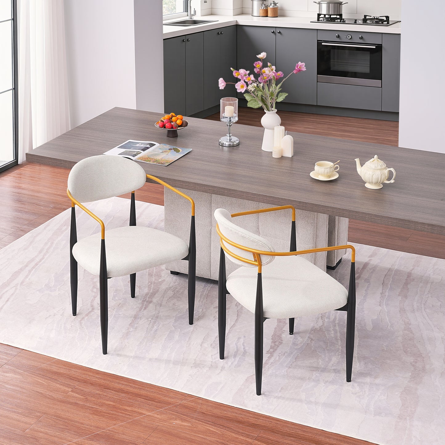 Modern Upholstered Dining Chair With Gold-Accented Armrests - 22W X 21D X 30H, Ergonomic Design For Home Dining Room Or Office Use,Set Of 2 - Beige Fabric Seat & Black Metal Frame
