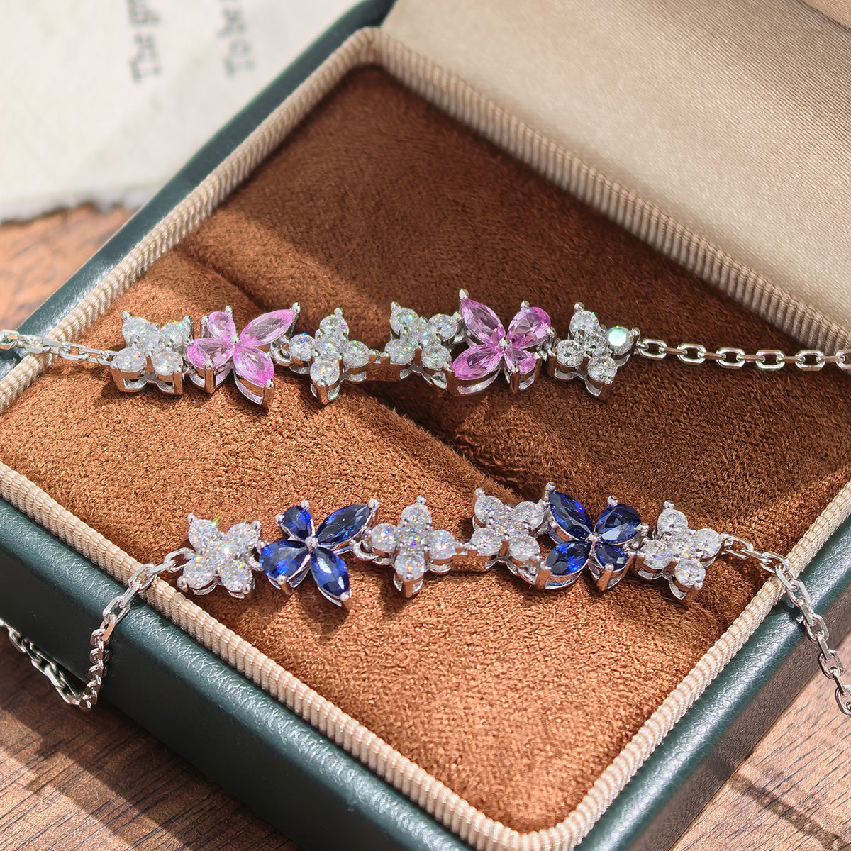 S925 Sterling Silver Lab-Grown Gemstone Butterfly Bracelet 16cm Blue P Ink Moissanite Platinum Plated Fashion Gift Box