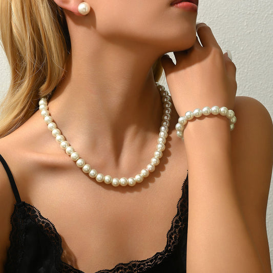 Ins Niche Light Luxury Premium Texture Women Jewelry Set, Inlaid Faux Pearl Design Minimal Clavicle Necklace, Matching Earrings & Wrist Bracelet, Versatile Daily Accessories