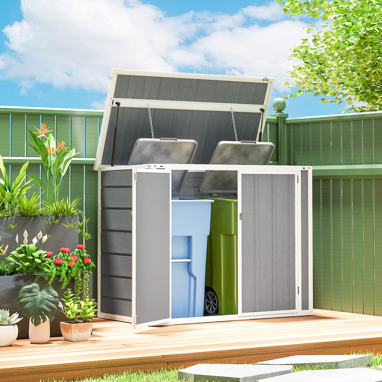 4.7 X 2.5FT Garden Shed, Double Bin Storage Shed With Lockable Doors, Outdoor Small Shed With Openable Lid For 2 Trash Cans, Garden Tools, Grey
