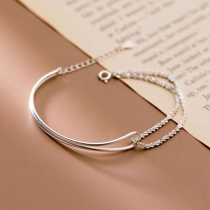 1pcs 999 Sterling Silver Double-Layer Bangle & Tennis Chain Bracelet, Delicate Luxury Style, Ideal For Birthday Gifts