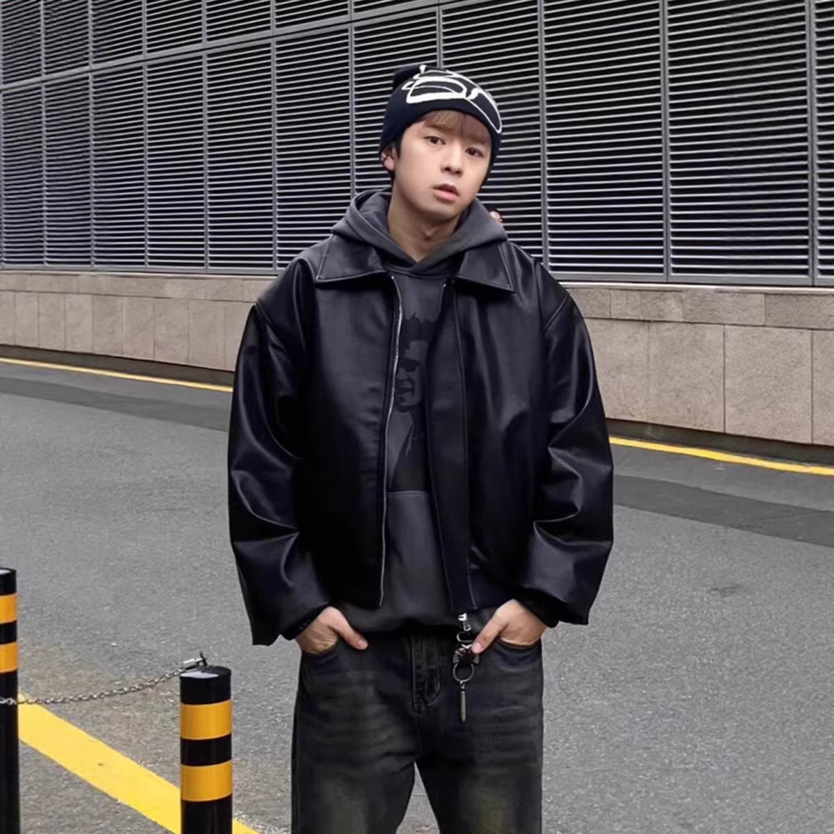 Retro Motorcycle Korean-Style Padded Shoulder Leather Jacket Coat For Men