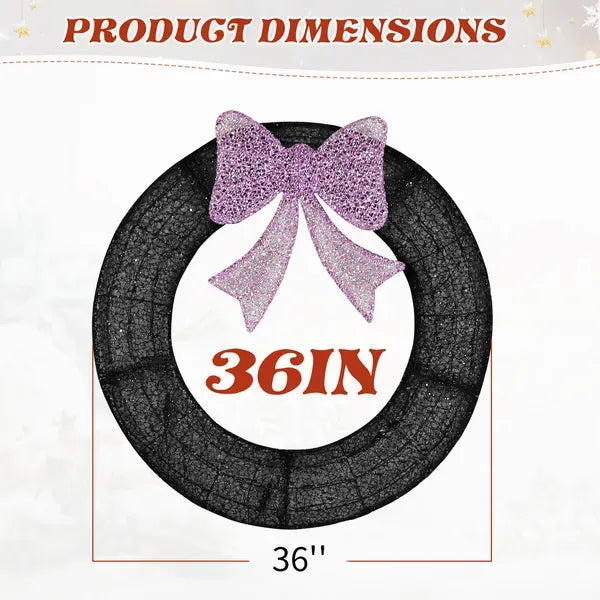 36in Pre-lit Outdoor Christmas Wreath Decoration, Lighted Metal Wreath With Purple Bow, Remote Control LED Lights With Timer, For Front Door Gate Wall Indoor Outdoor Holiday Party