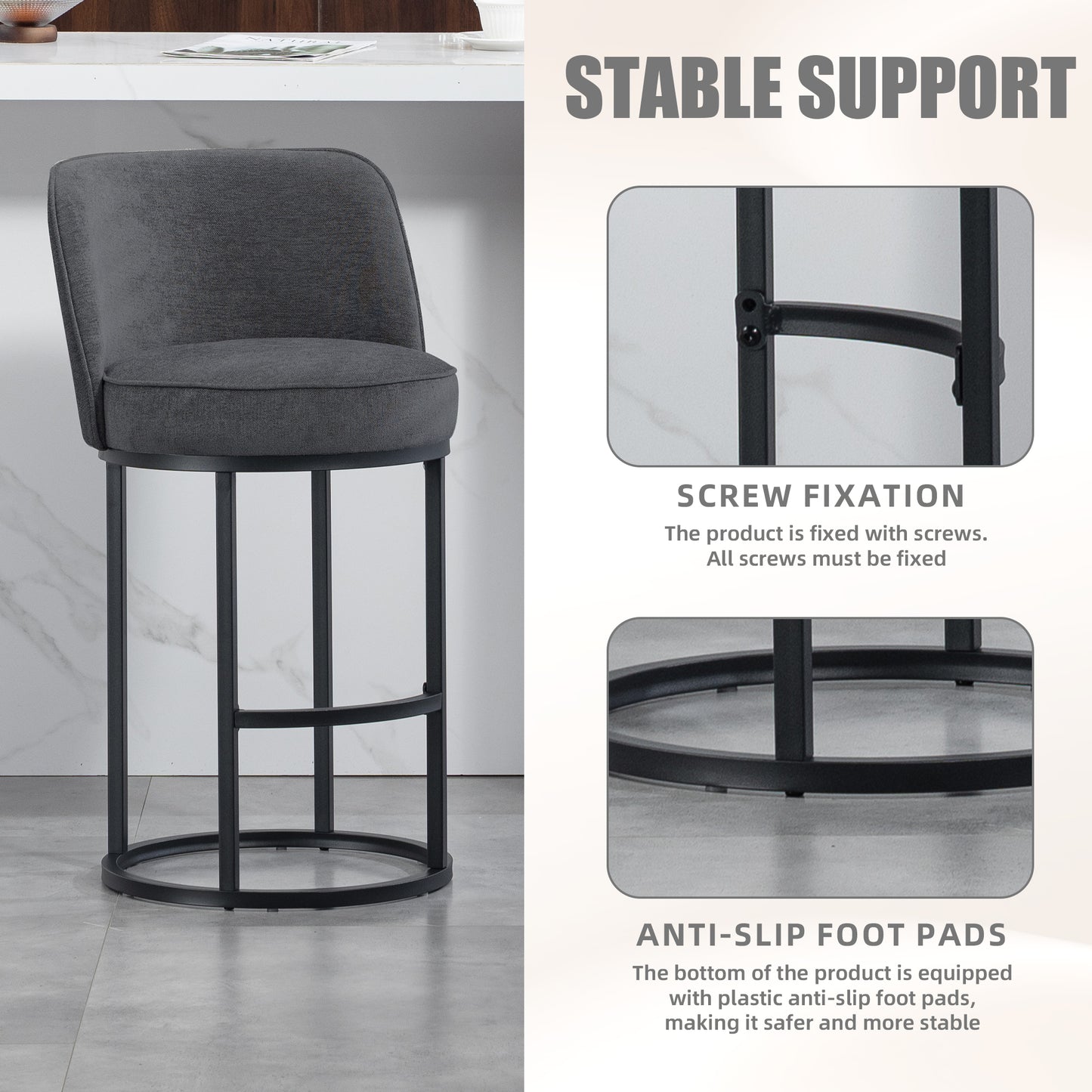 Counter Height Bar Stools Set Of 2, Modern Barrel Counter Stools With Backrest, Linen Fabric Upholstered Accent Bar Stools For Kitchen Island