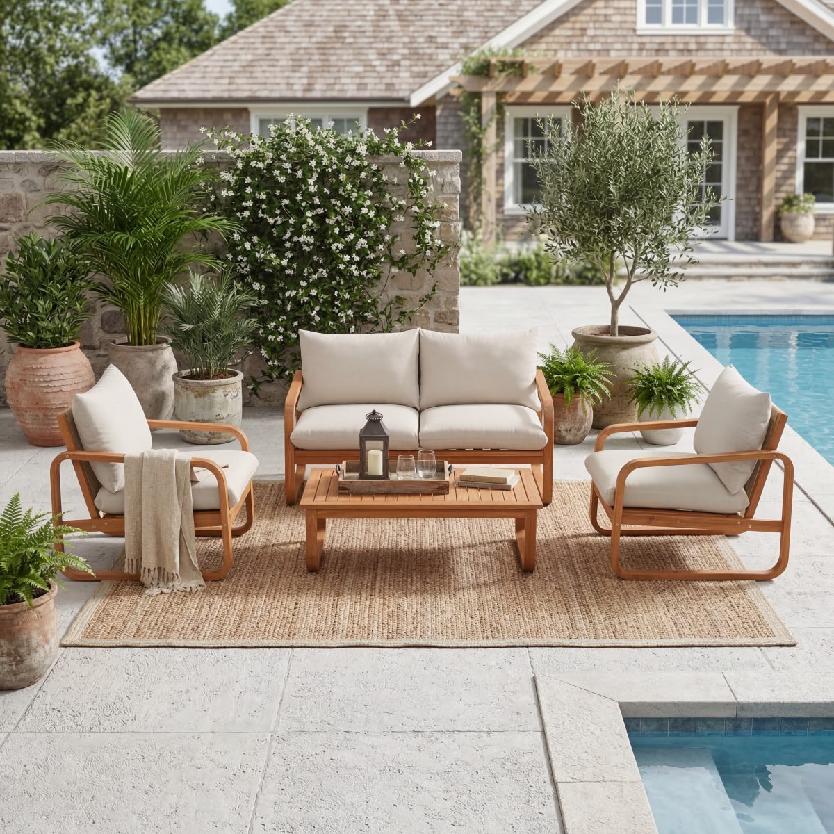 4-Piece Acacia Wood Outdoor Patio Furniture Set with Thick Cushions, Modern Outdoor Seating Set with Loveseat, 2 Single Chairs and Coffee Table, Weather-Resistant Conversation Set for Backyard, Pool
